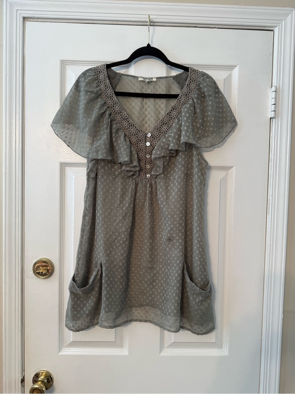 Daniel Rainn Olive Gray Ruffled V-Neck Short Sleeve Tunic